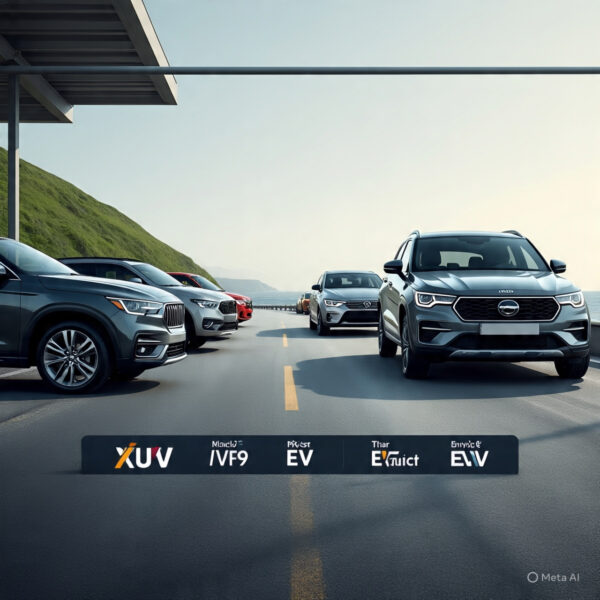 Mahindra xuv ev car , Vin Fast VF9 ev car , Tata Sierra Ev Car, Mahindra Thar Electric Car, and Skoda Enyaq iV Ev Car Full utra HD Real image real image creat standing on the Ex showroom in a que all five Car mentioned name in list wise . diamesion image size 1200x 628 pixel creat.